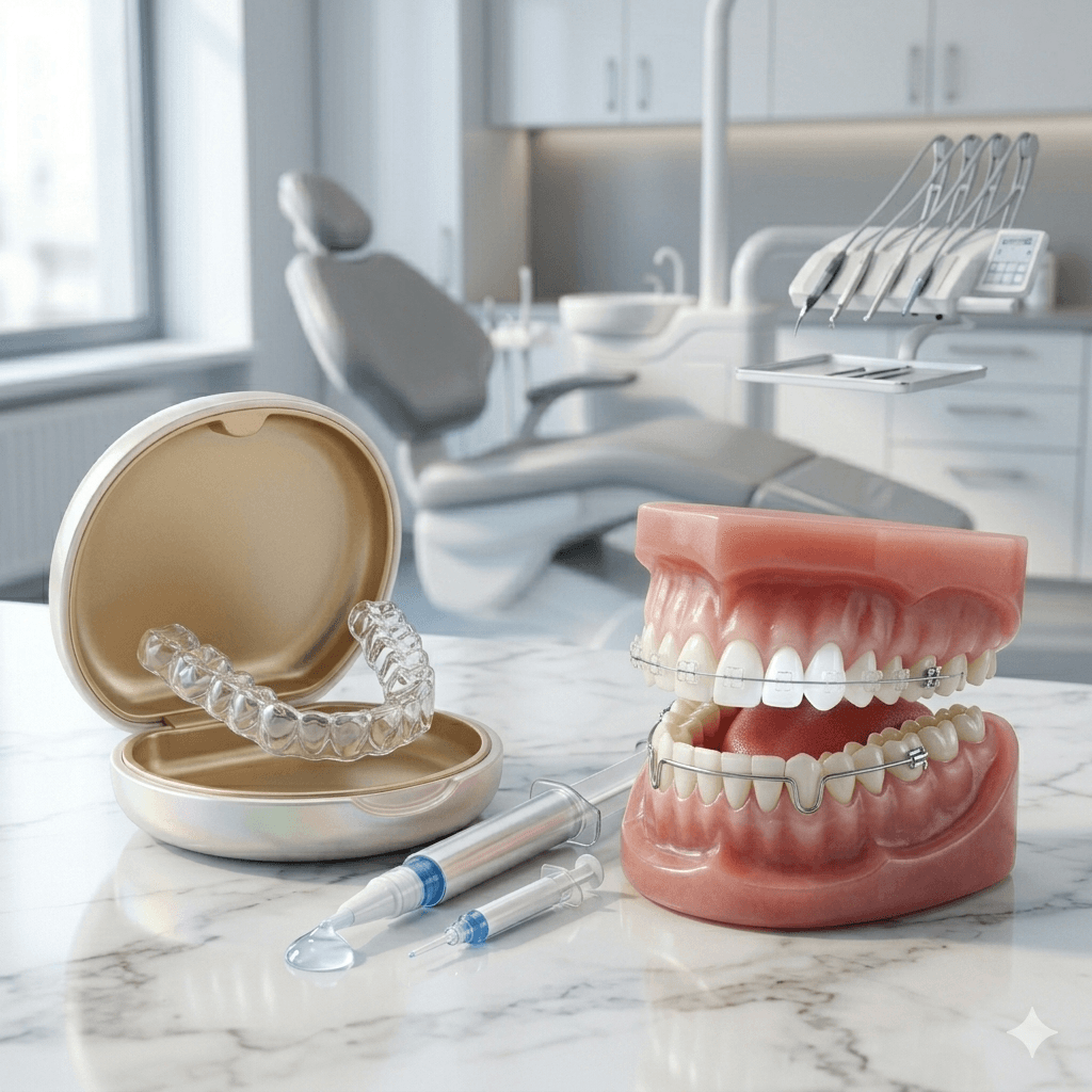 Orthodontic care setup with braces model and clear aligners